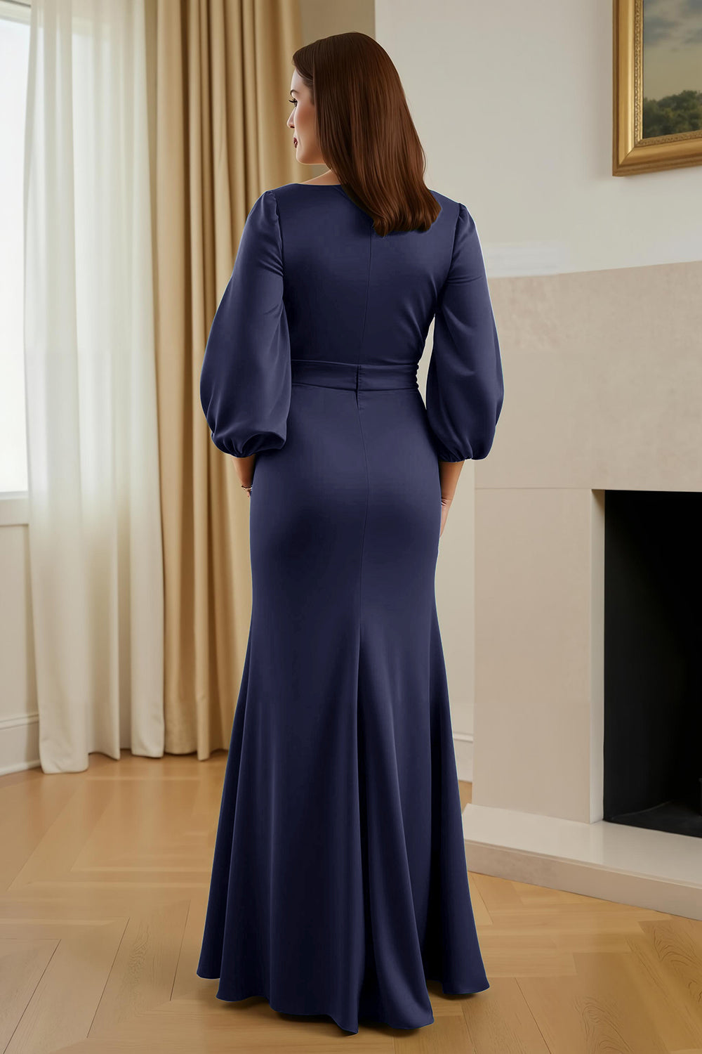 Pine Satin V-Neck Long Sleeve Mother Of The Bride Dress