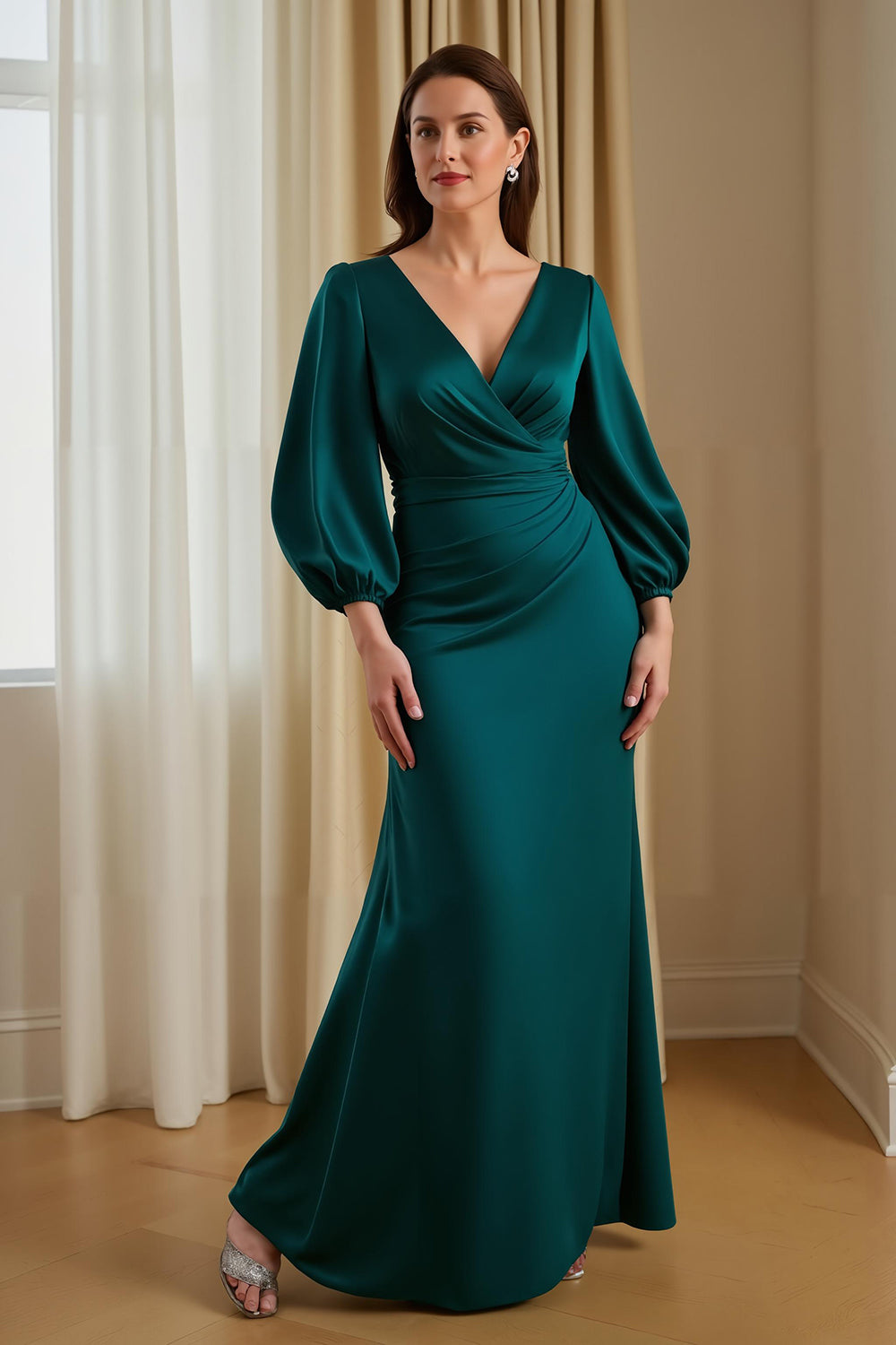 Pine Satin V-Neck Long Sleeve Mother Of The Bride Dress