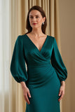 Pine Satin V-Neck Long Sleeve Mother Of The Bride Dress