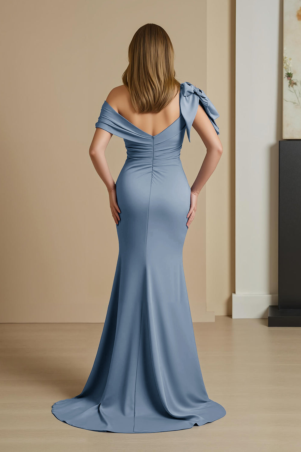 Off The Shoulder Dusty Blue Mermaid Maxi Dress With Bow