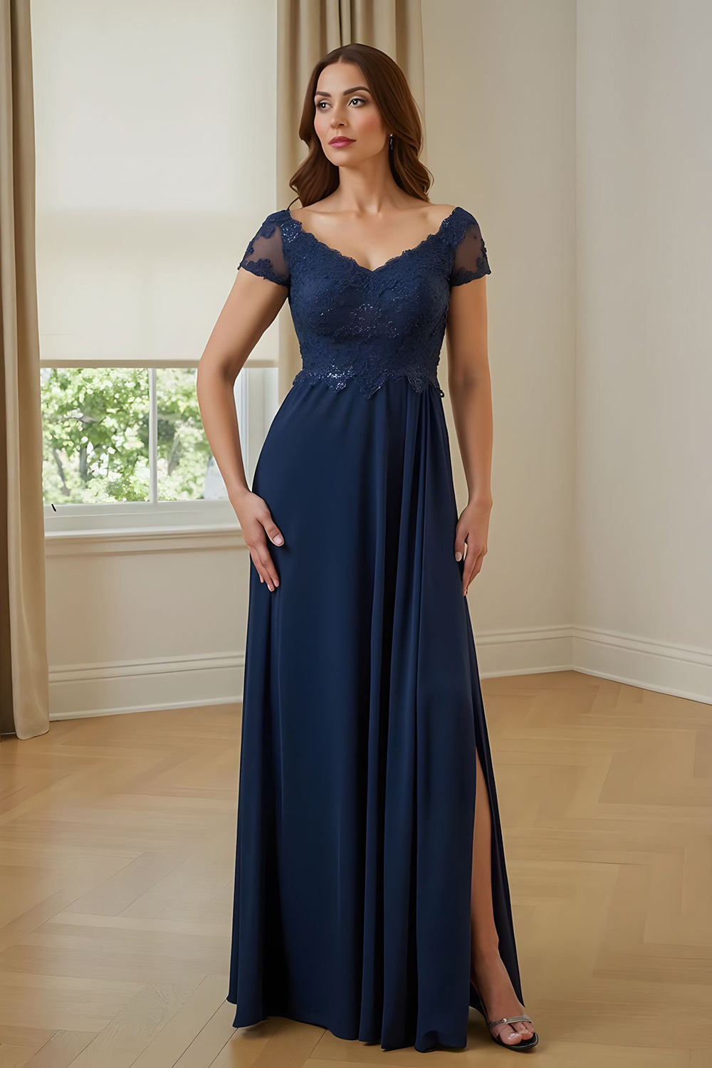 Navy A-Line Appliqued Mother Of The Bride Dress With Slit