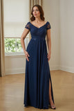 Navy A-Line Appliqued Mother Of The Bride Dress With Slit