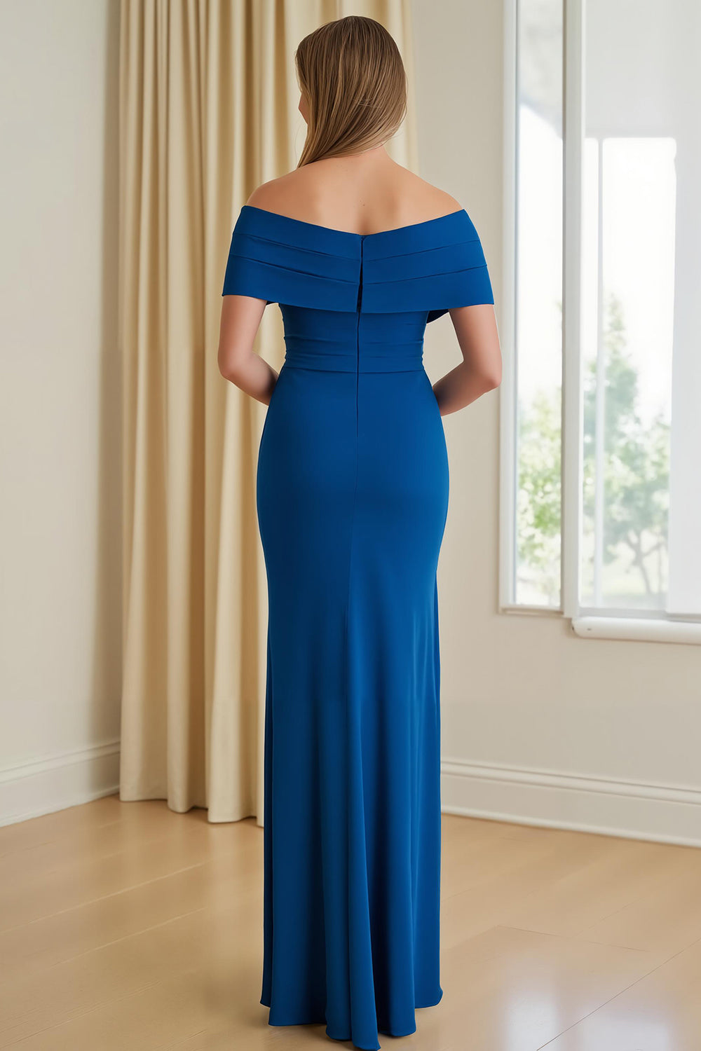 Off The Shoulder Blue Sheath Maxi Dress With Slit