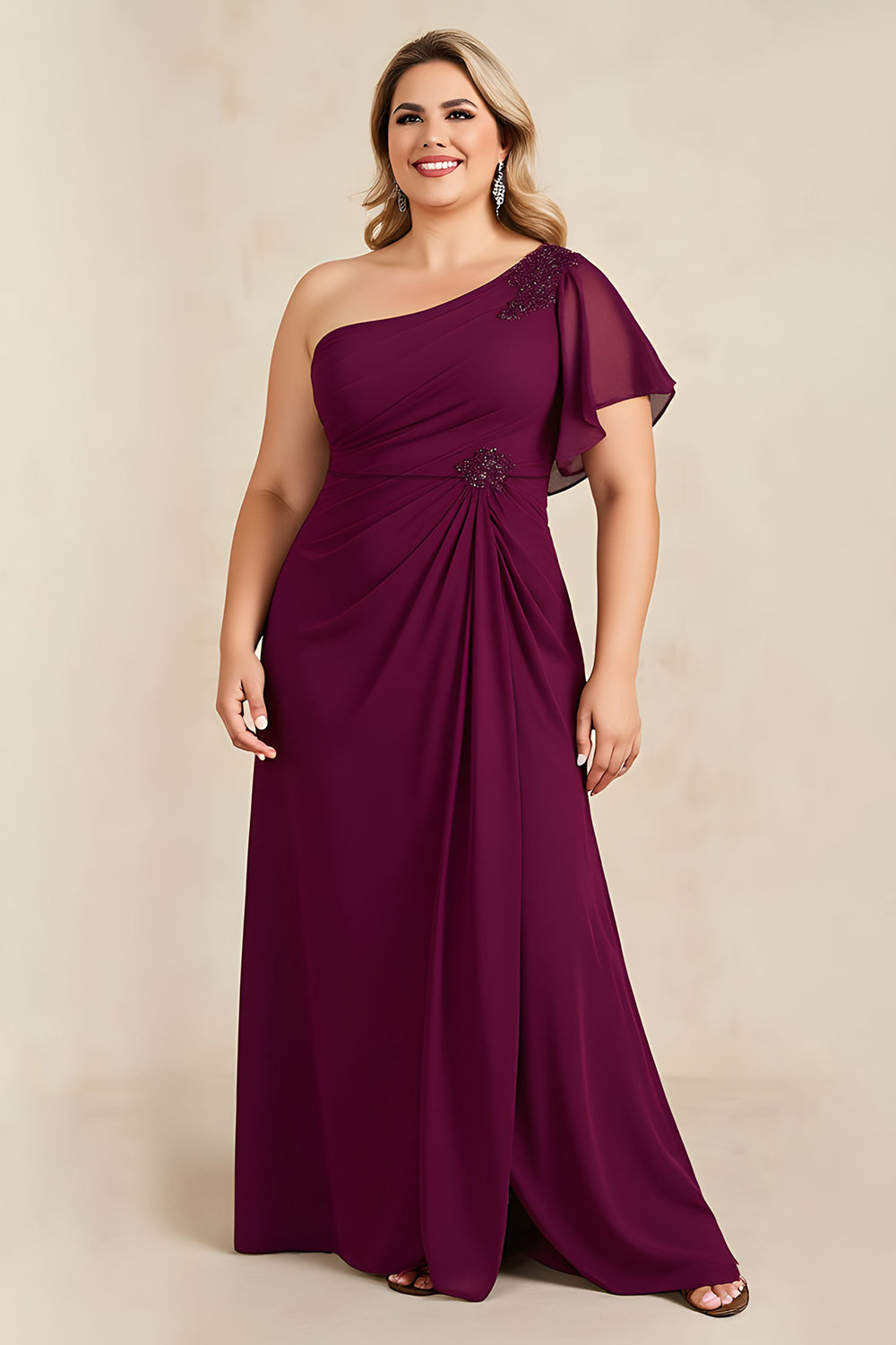 Burgundy A-Line One Shoulder Plus Size Mother Of The Bride Dress With Beading