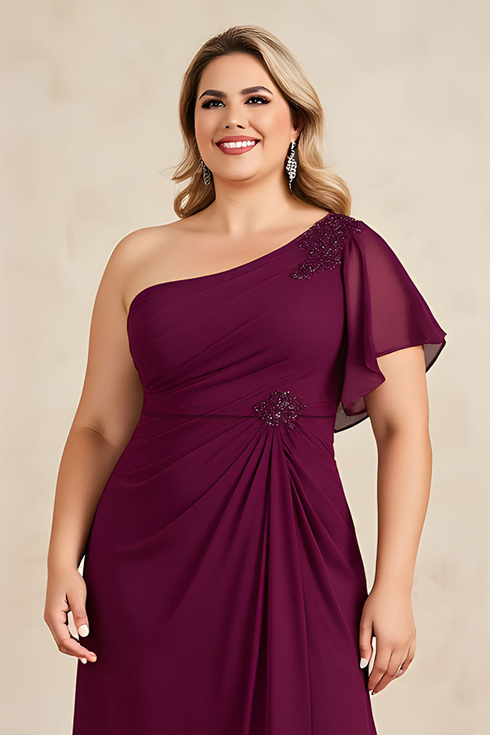 Burgundy A-Line One Shoulder Plus Size Mother Of The Bride Dress With Beading
