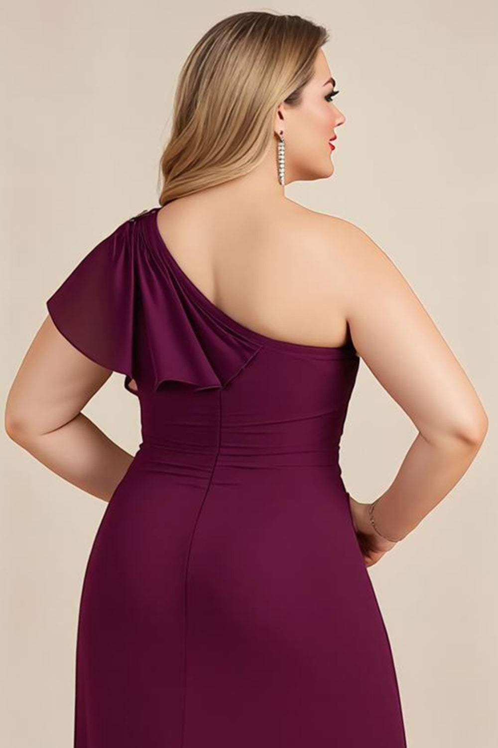Burgundy A-Line One Shoulder Plus Size Mother Of The Bride Dress With Beading