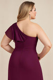 Burgundy A-Line One Shoulder Plus Size Mother Of The Bride Dress With Beading