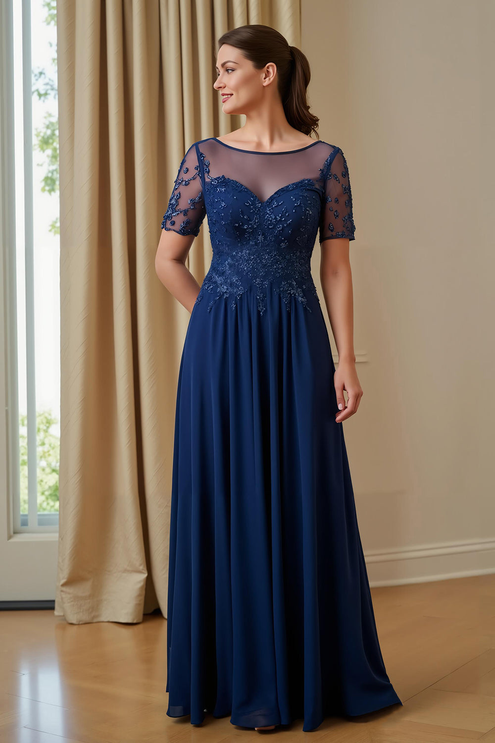 Navy Appliqued Illusion Neck A-Line Mother Of The Bride Dress