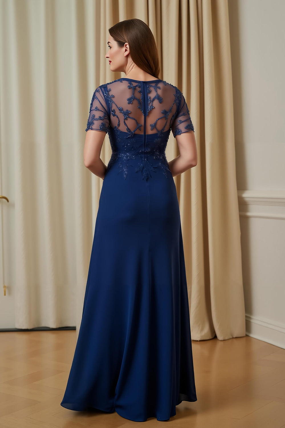 Navy Appliqued Illusion Neck A-Line Mother Of The Bride Dress
