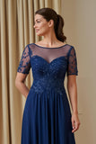 Navy Appliqued Illusion Neck A-Line Mother Of The Bride Dress