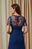 Navy Appliqued Illusion Neck A-Line Mother Of The Bride Dress