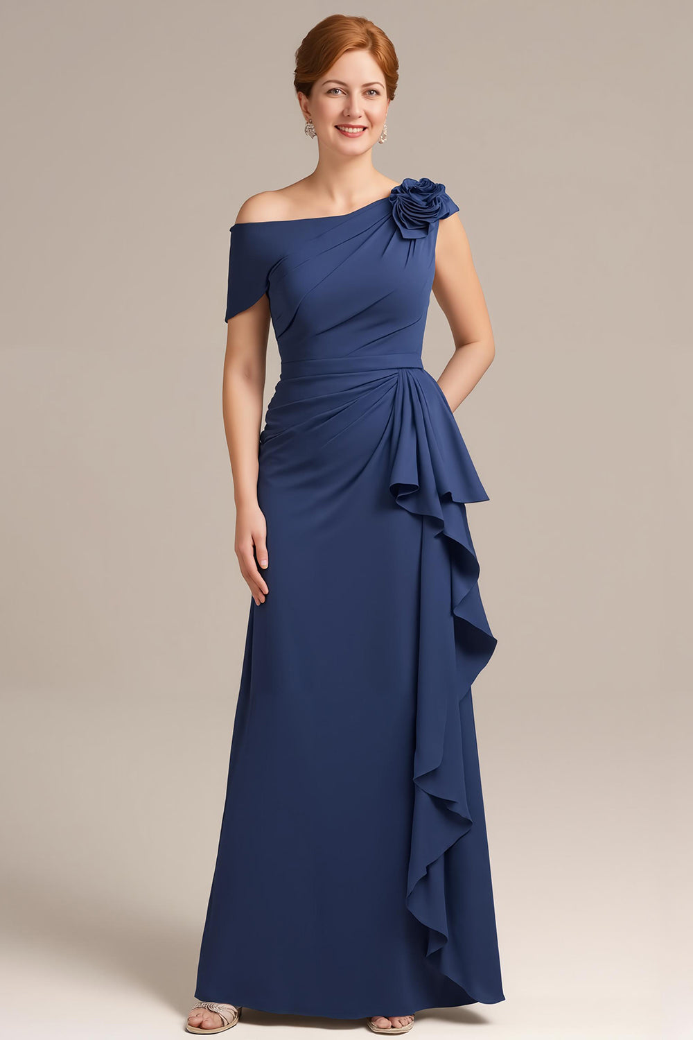 Off The Shoulder Navy Mother Of The Bride Dress With 3D Flower