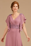 Grape V-Neck A-Line Mother Of The Bride Dress with Appliques