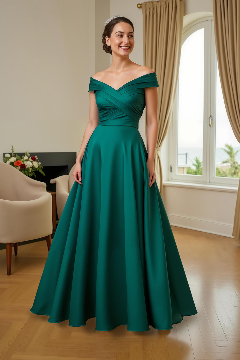 Dark Green A-Line Satin Off The Shoulder Maxi Dress