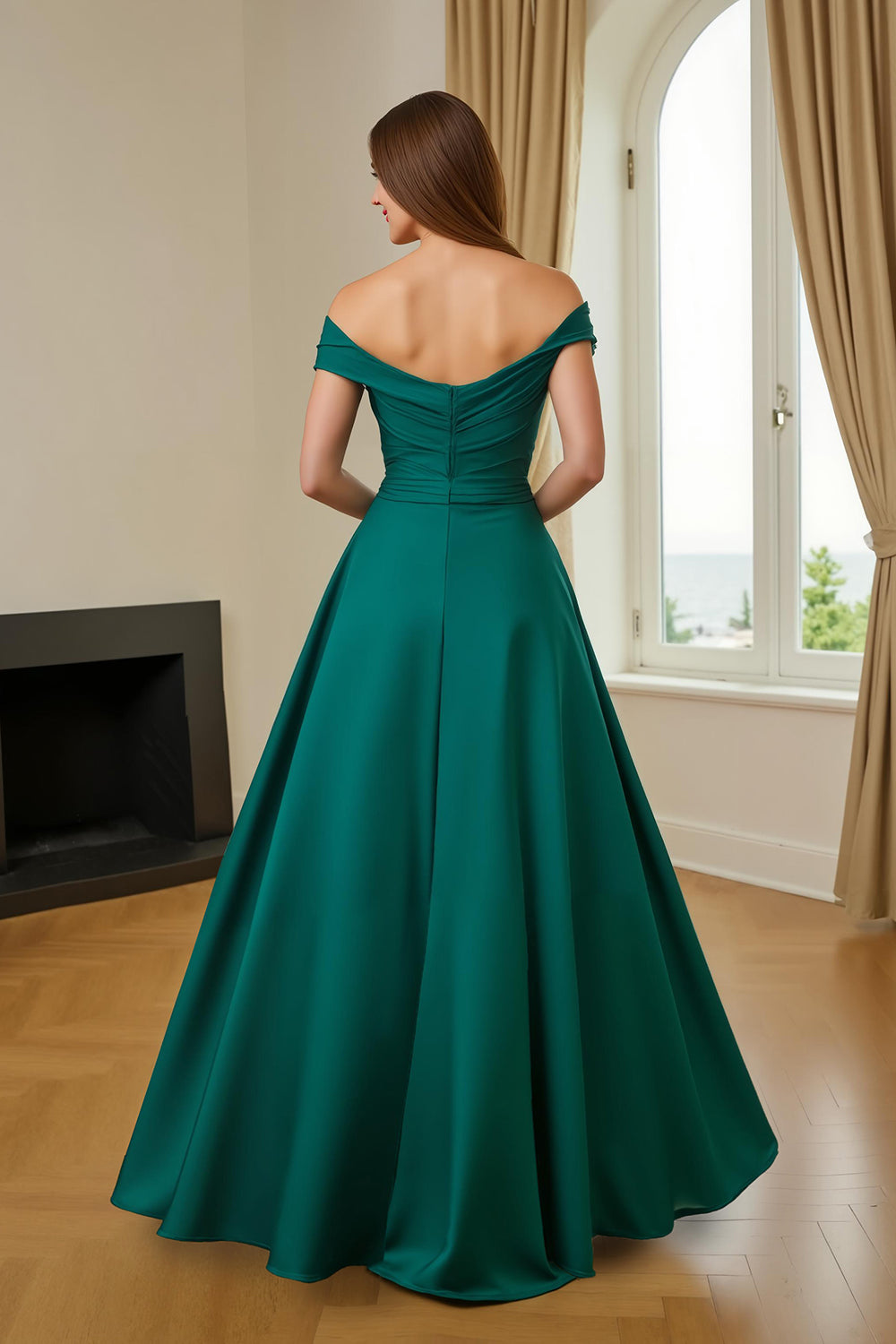 Dark Green A-Line Satin Off The Shoulder Maxi Dress