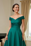 Dark Green A-Line Satin Off The Shoulder Maxi Dress