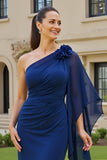 One Shoulder Navy Mother Of The Bride Dress With 3D Flower