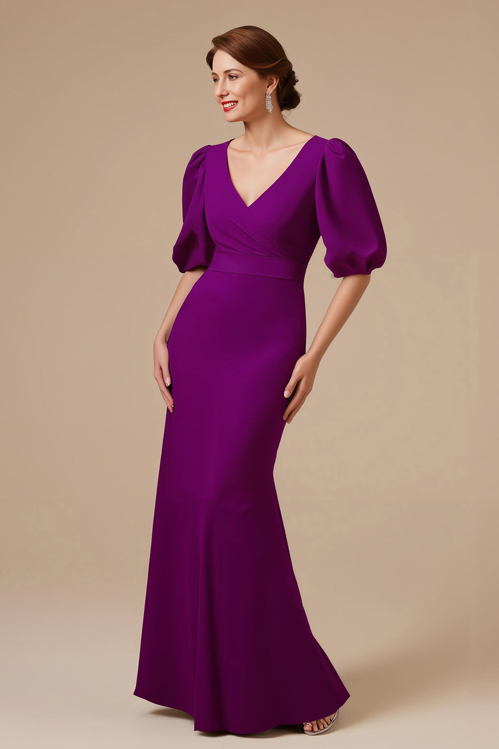 Mermaid Grape V-Neck Mother Of The Bride Dress with Puff Sleeves