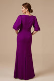 Mermaid Grape V-Neck Mother Of The Bride Dress with Puff Sleeves
