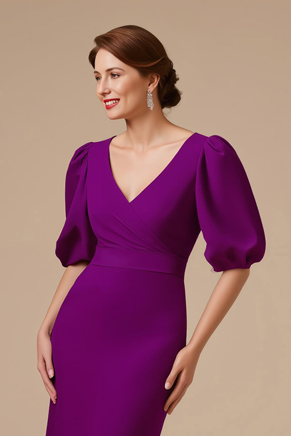 Mermaid Grape V-Neck Mother Of The Bride Dress with Puff Sleeves