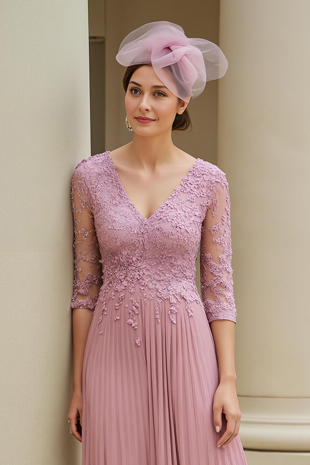 Dusty Rose A-Line V-Neck Pleated Mother Of The Bride Dress With Appliques