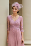 Dusty Rose A-Line V-Neck Pleated Mother Of The Bride Dress With Appliques