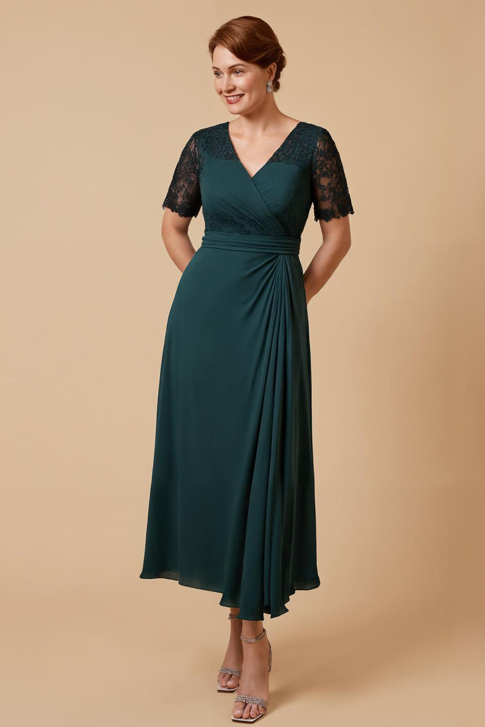 Pine V-Neck A-Line Appliqued Mother Of The Bride Dress