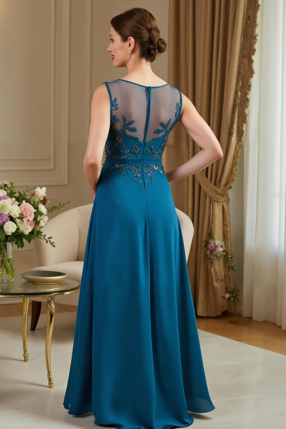Peacock Blue A-Line Mother Of The Bride Dress With Appliques