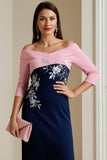 Navy Pink Off The Shoulder Appliqued Sheath Midi Mother Of The Bride Dress