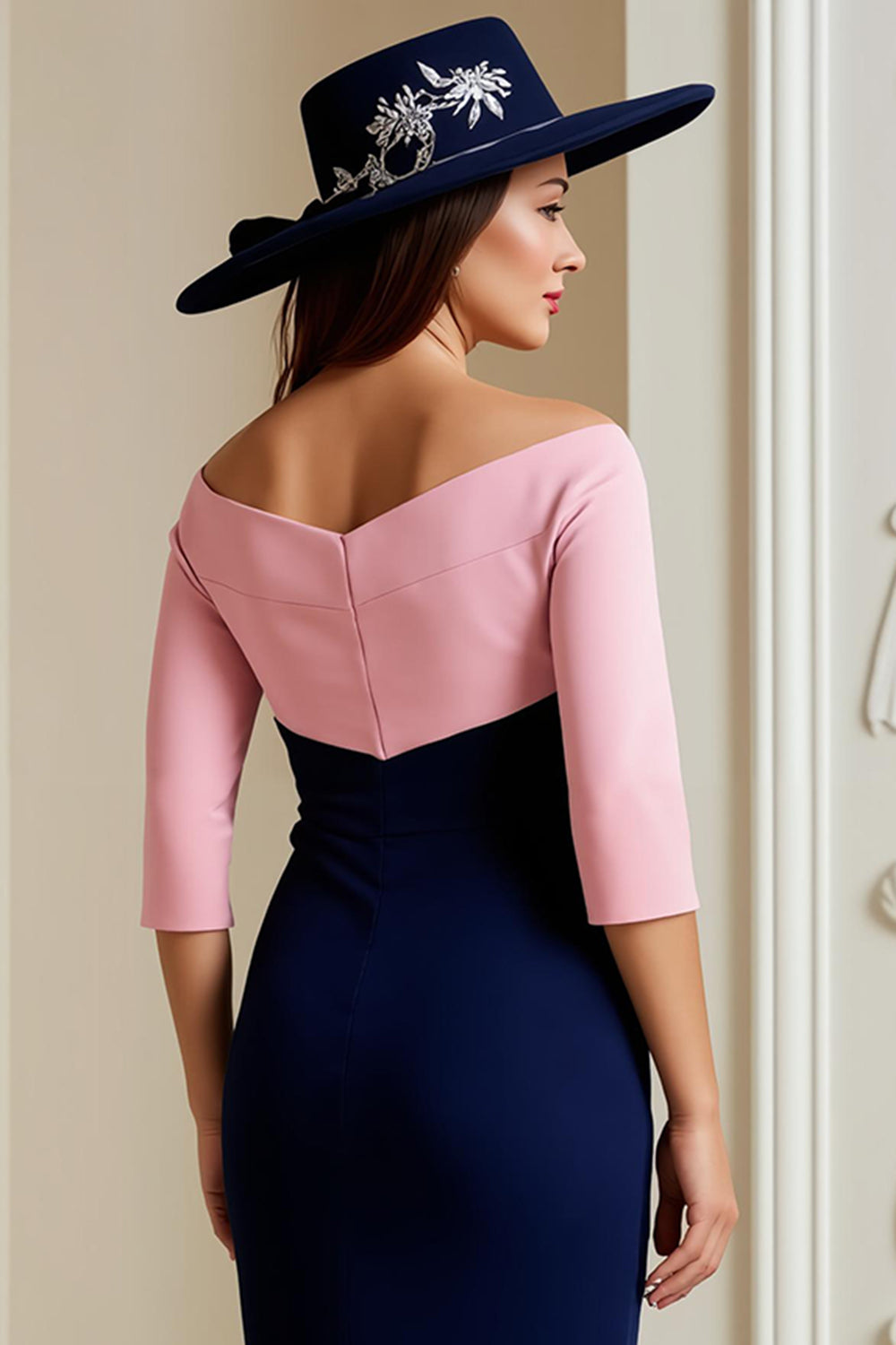 Navy Pink Off The Shoulder Appliqued Sheath Midi Mother Of The Bride Dress