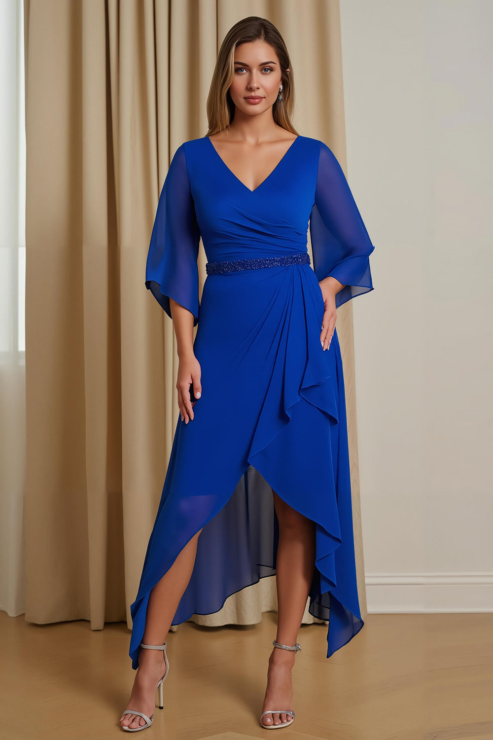 Royal Blue V-Neck Asymmetrical A-Line Mother Of The Bride Dress