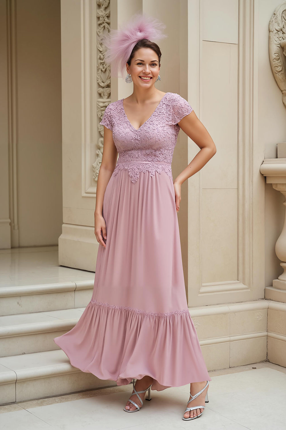 Dusty Rose A-Line V-Neck Appliqued Mother Of The Bride Dress