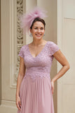 Dusty Rose A-Line V-Neck Appliqued Mother Of The Bride Dress