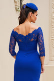 Royal Blue Off The Shoulder Sheath Appliqued Mother Of The Bride Dress With Slit