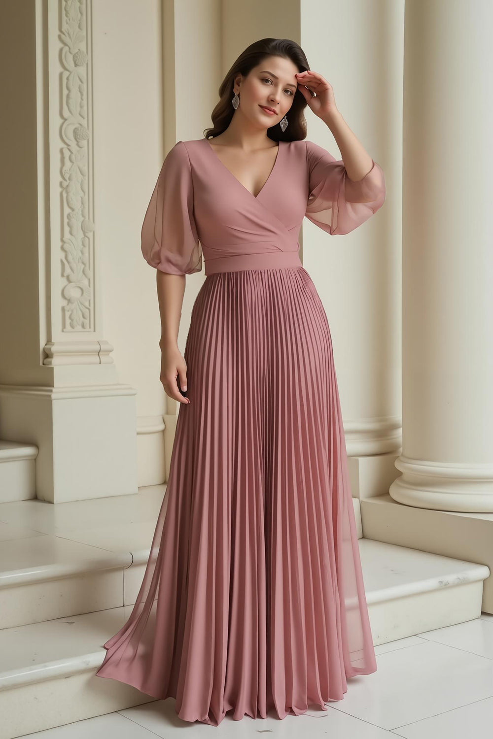 Pleated V-Neck A-Line Dusty Rose Mother Of The Bride Dress