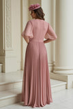 Pleated V-Neck A-Line Dusty Rose Mother Of The Bride Dress