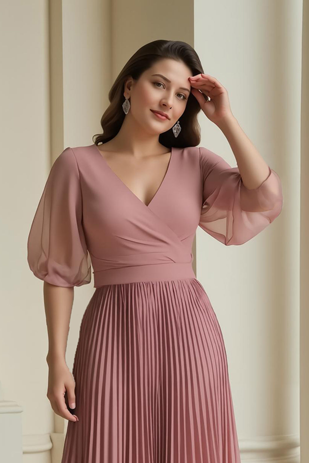 Pleated V-Neck A-Line Dusty Rose Mother Of The Bride Dress