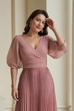 Pleated V-Neck A-Line Dusty Rose Mother Of The Bride Dress