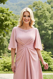 Blush A-Line Ruched Mother Of The Bride Dress with Flutter Sleeves
