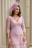 Blush Tiered A-Line V-Neck Appliqued Mother Of The Bride Dress