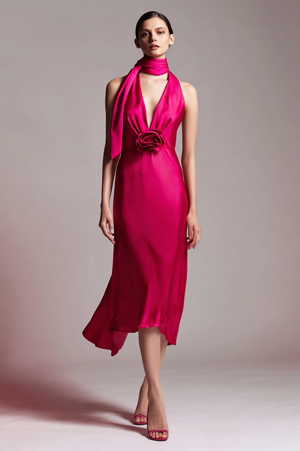 Fuchsia V-Neck Sheath Midi Wedding Guest Dress with 3D Flower