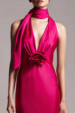 Fuchsia V-Neck Sheath Midi Wedding Guest Dress with 3D Flower