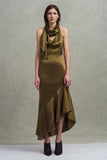 Halter Satin Ruffled Olive Wedding Guest Dress