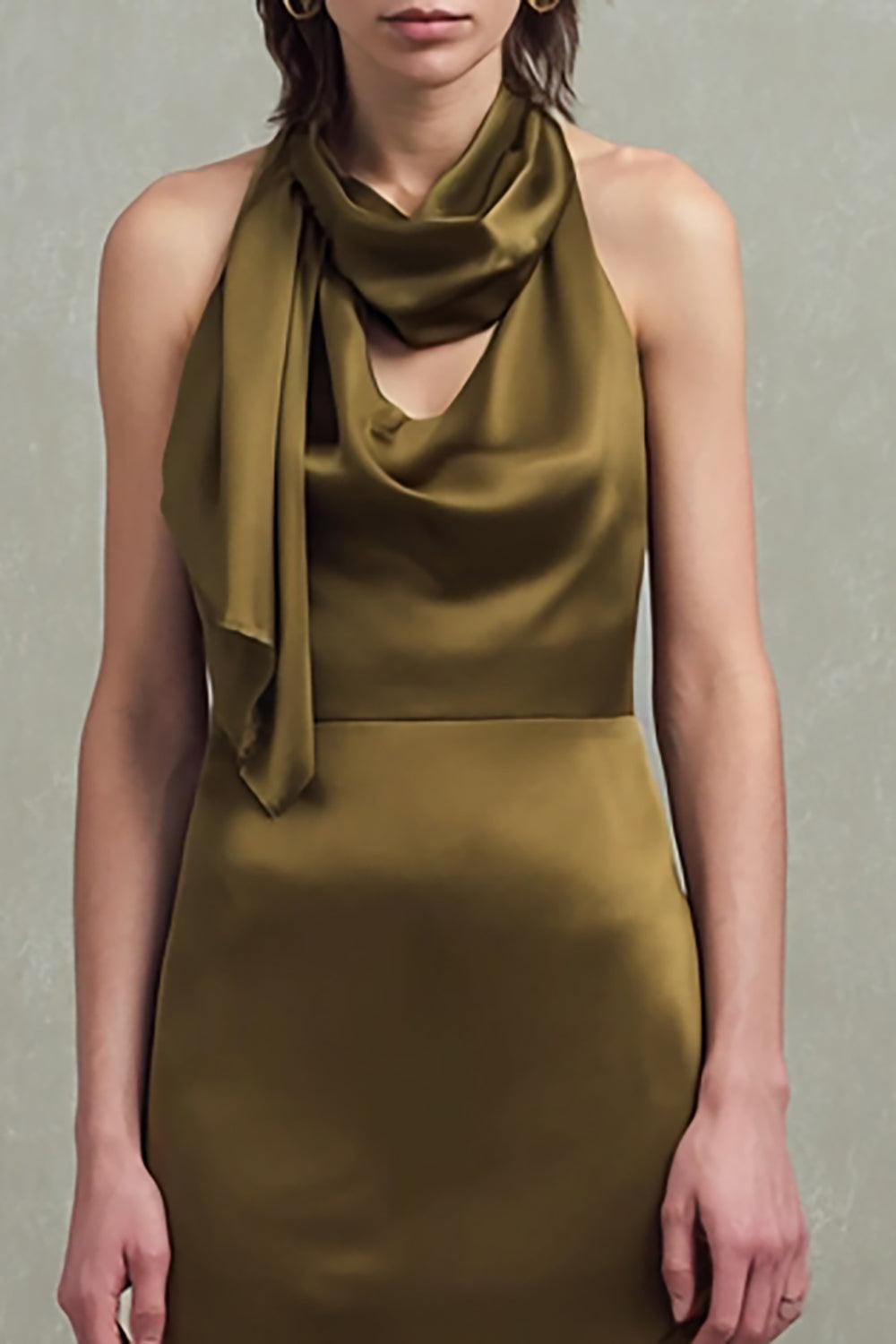 Halter Satin Ruffled Olive Wedding Guest Dress