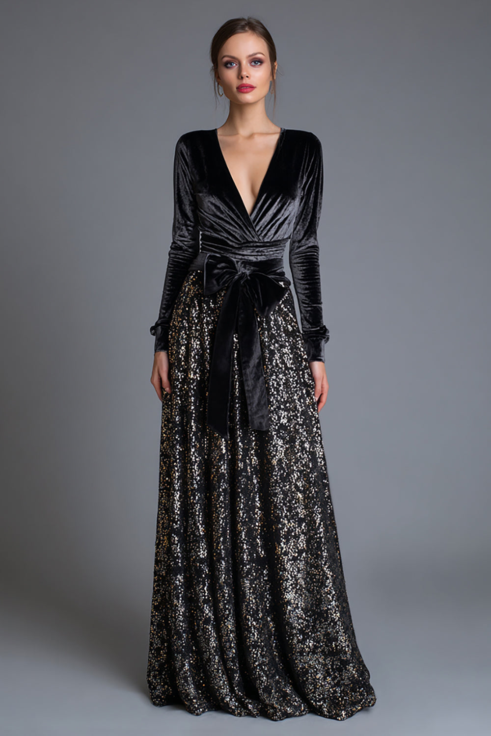 Sequin Black V-Neck A Line Long Sleeve Formal Dress with Bow