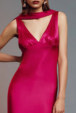 Ruffled V-Neck Sheath Fuchsia Wedding Guest Dress
