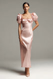 Pink Square Neck Sheath Satin Wedding Guest Dress