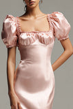 Pink Square Neck Sheath Satin Wedding Guest Dress