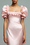 Ruffled Pink Sheath Satin Wedding Guest Dress