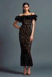 Black Lace Off The Shoulder Tea Length Formal Dress